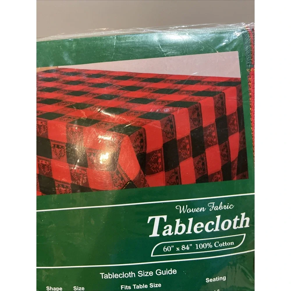 Vtg Red Green Christmas Tree Woven Fabric‎ Tablecloth Gold Accents Plaid 60x84